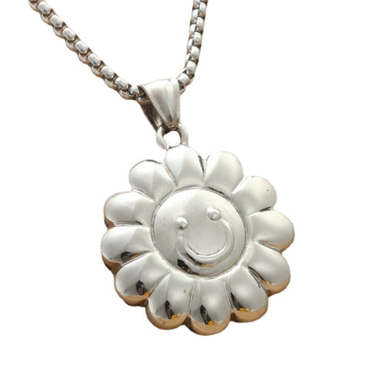 Trendy Punk Titanium Steel Sunflower Pendant Necklace for Men and Women