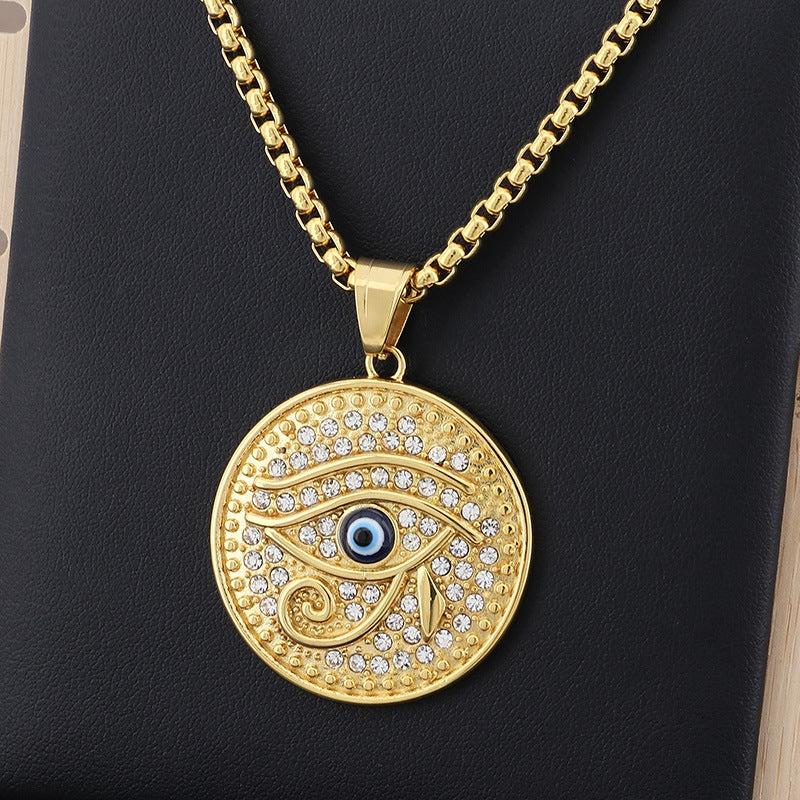 Custom Stylish Round Pendant, Hip-Hop Inspired 18k Vacuum Plated Titanium Steel Men's Eye of Horus Necklace