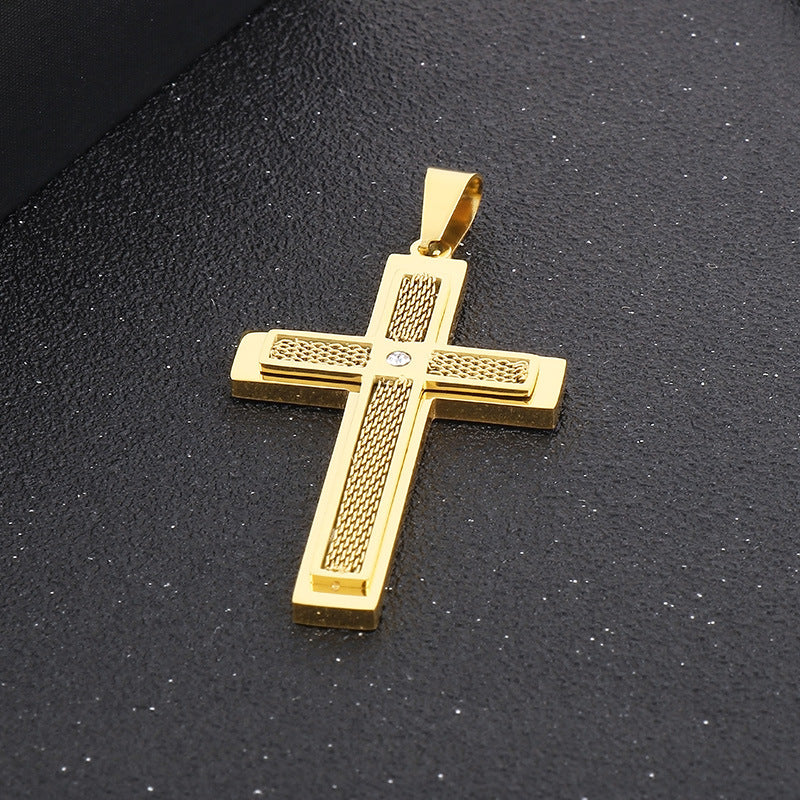 Street Pendant, Zircon Double-Layer Mesh Cross Stainless Steel Man Pendant Necklace