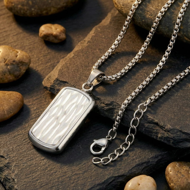 Military Brand Square Pearl Chain Necklace, And Wave Pattern Square Brand Stainless Steel