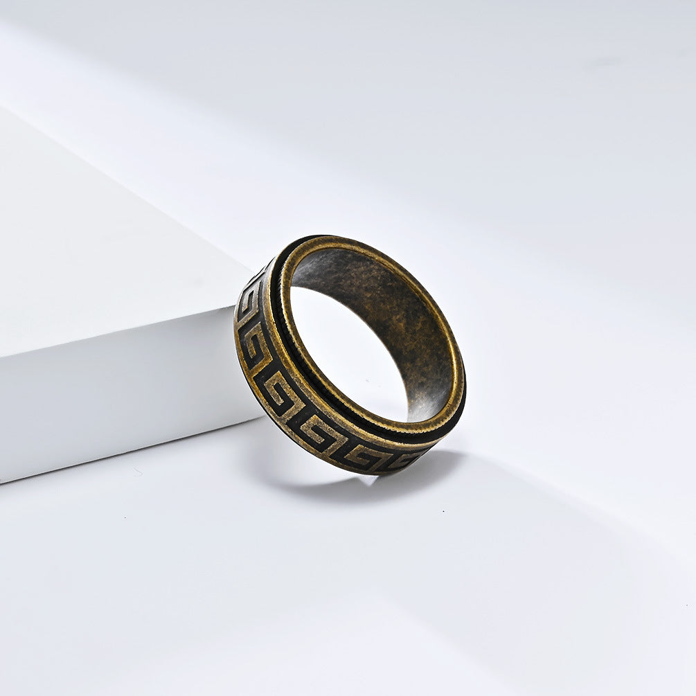Planderful Rotatable Decompression Ring For Men With Retro Great Wall Pattern In Titanium Steel
