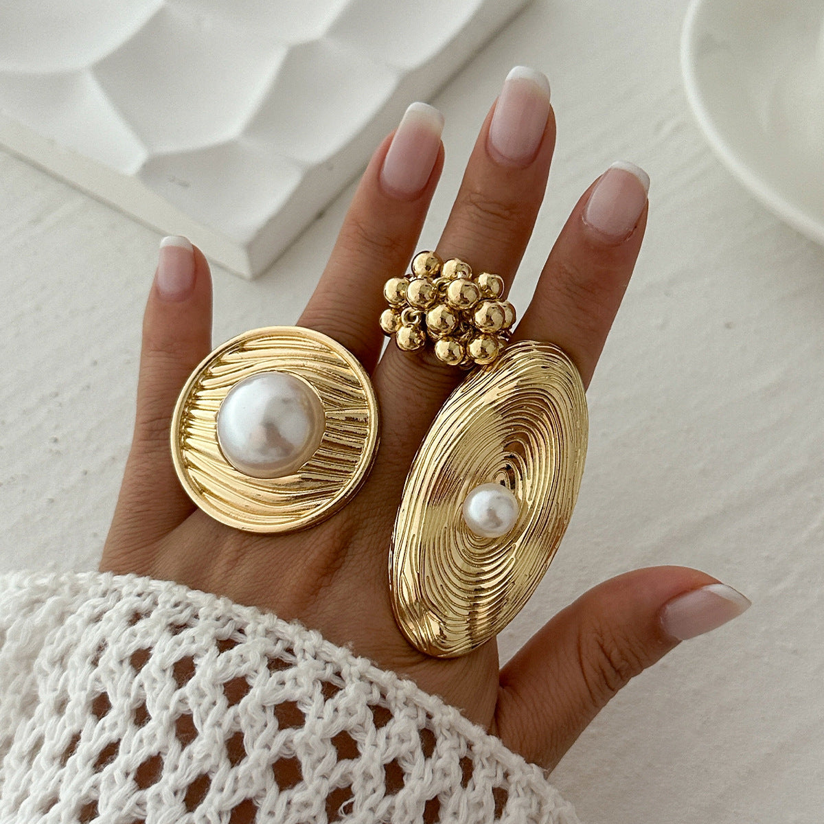 Planderful Vienna Verve Imitation Pearl Ring Open Wind Fold Metal Ring For Trendy Women And Gift Seekers