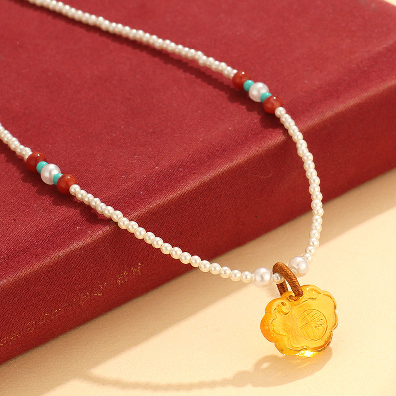 Pearl Amber & Red Agate Pendant Necklace