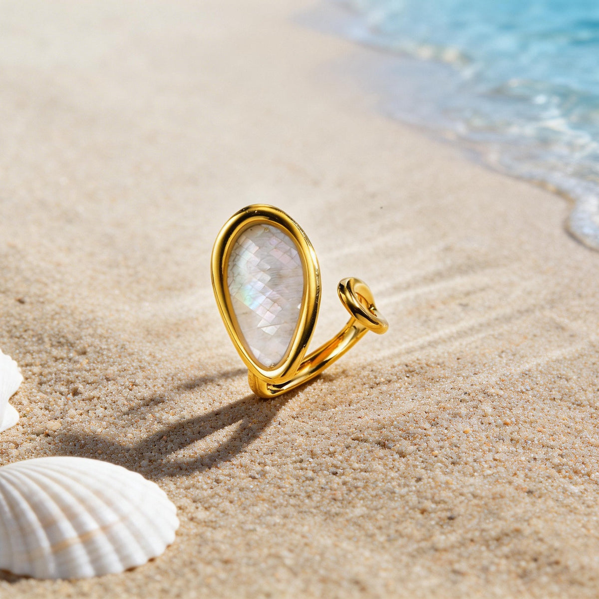 Hot-Selling Special-Shaped White Shell Stainless Steel Ring Design Leaf Opening