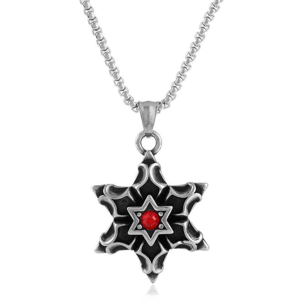 European And American Titanium Steel Red Zircon Hexagram Pendant