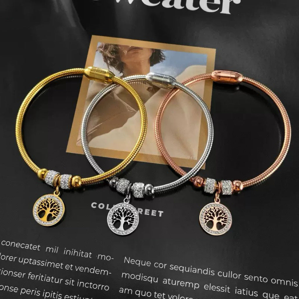 Planderful Tree of Life Diamond Encrusted Stainless Steel Bracelet Magnetic Luxury Jewelry For Women