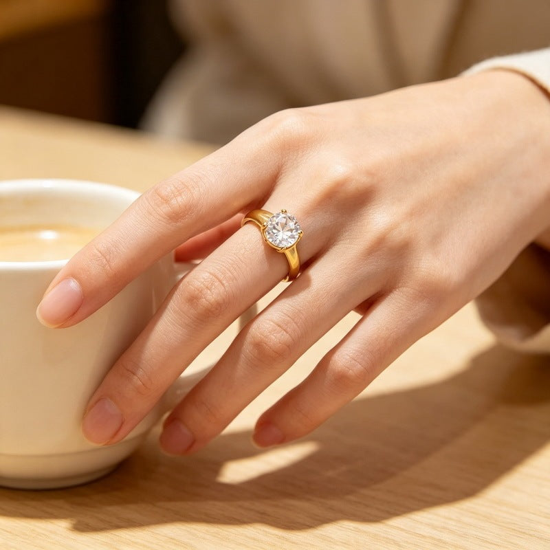 Stainless Steel Marriage Proposal Zircon Ring Four-Claw Inlaid Round Zircon Square