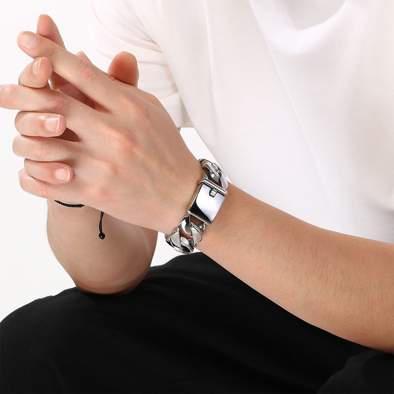 Glossy – In Europe & The United States – 21mm Stainless Steel Wavy Edge Cuban Chain Bracelet