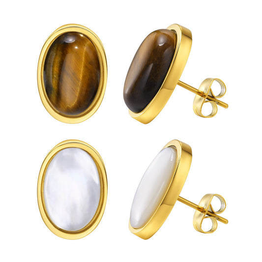Women's Personality Simple Oval Stainless Steel Tiger's Eye Earrings Gold