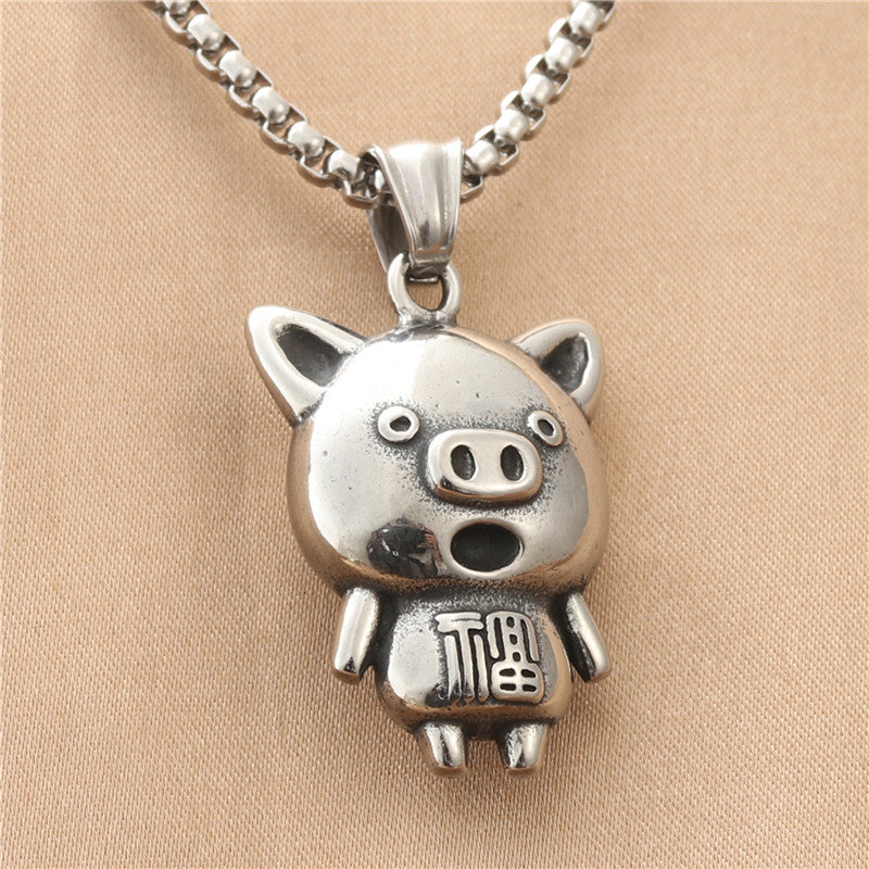 Titanium Steel Retro Lucky Pig Pendant Necklace for Men - Trendy Punk Animal Jewelry