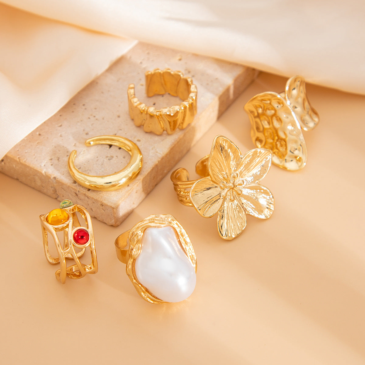 Planderful Vienna Verve Open Ring With Imitation Pearl Ring And Lava Design For Jewelry Lovers