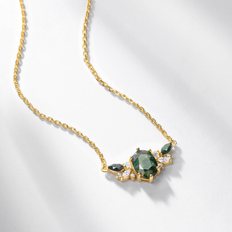 S925 Sterling Silver Moss Agate Pendant Necklace