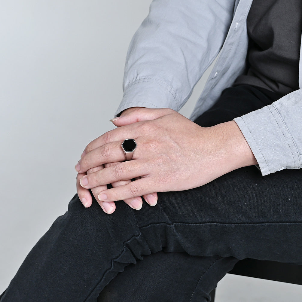 Ins Geometric Hexagonal Black Stone Titanium Steel Ring