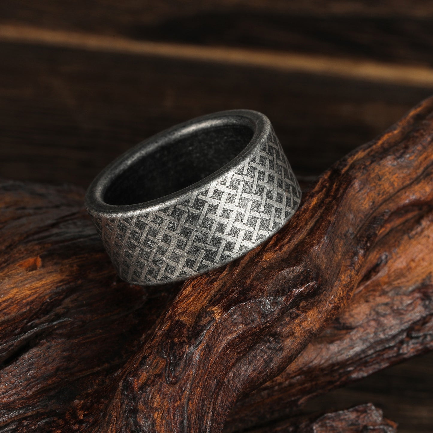 Stainless Steel Men's Ring Planderful Everyday Genie 10mm Grid Line Durable Unisex Statement Jewelry