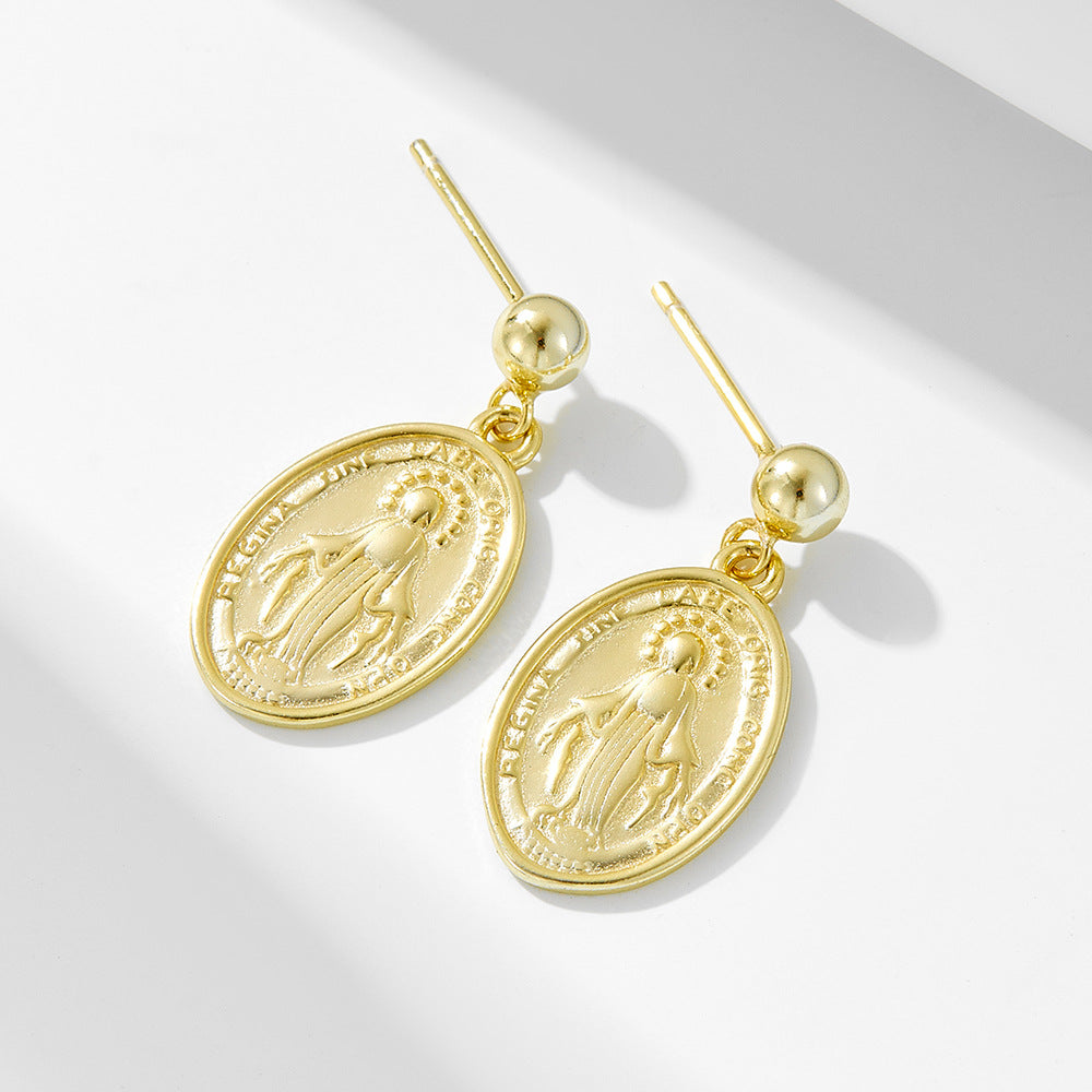French Retro Oval Relief Stud Earrings Virgin Mary Relief Portrait Sterling Silver Earrings