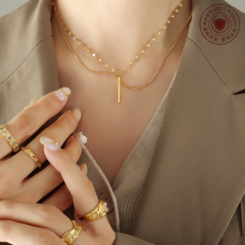 Luxurious Layered Rectangular Pendant Necklace Set with Titanium Steel Chain - Elegant Women's Jewelry