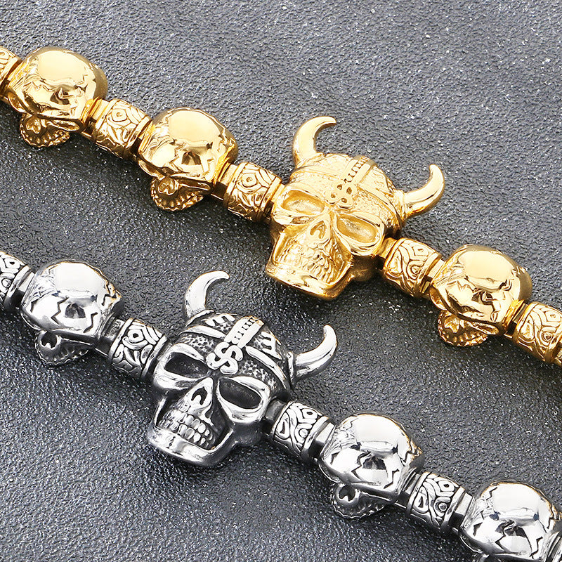 Layered Ghost Head – Punk Style Viking Horn Skull Men's Stainless Steel Bracelet