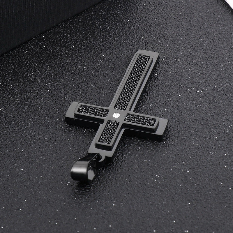 Street Pendant, Zircon Double-Layer Mesh Cross Stainless Steel Man Pendant Necklace