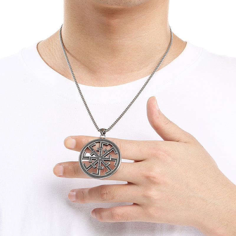 Viking Link Hollow Round Pendant, Old Nordic Octagram Celtic Knot Titanium Steel Men's Necklace