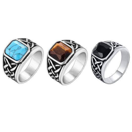 Stainless Steel Men's Finger Wrench Square Turquoise Natural Tiger's Eye Celtic Knot Ring