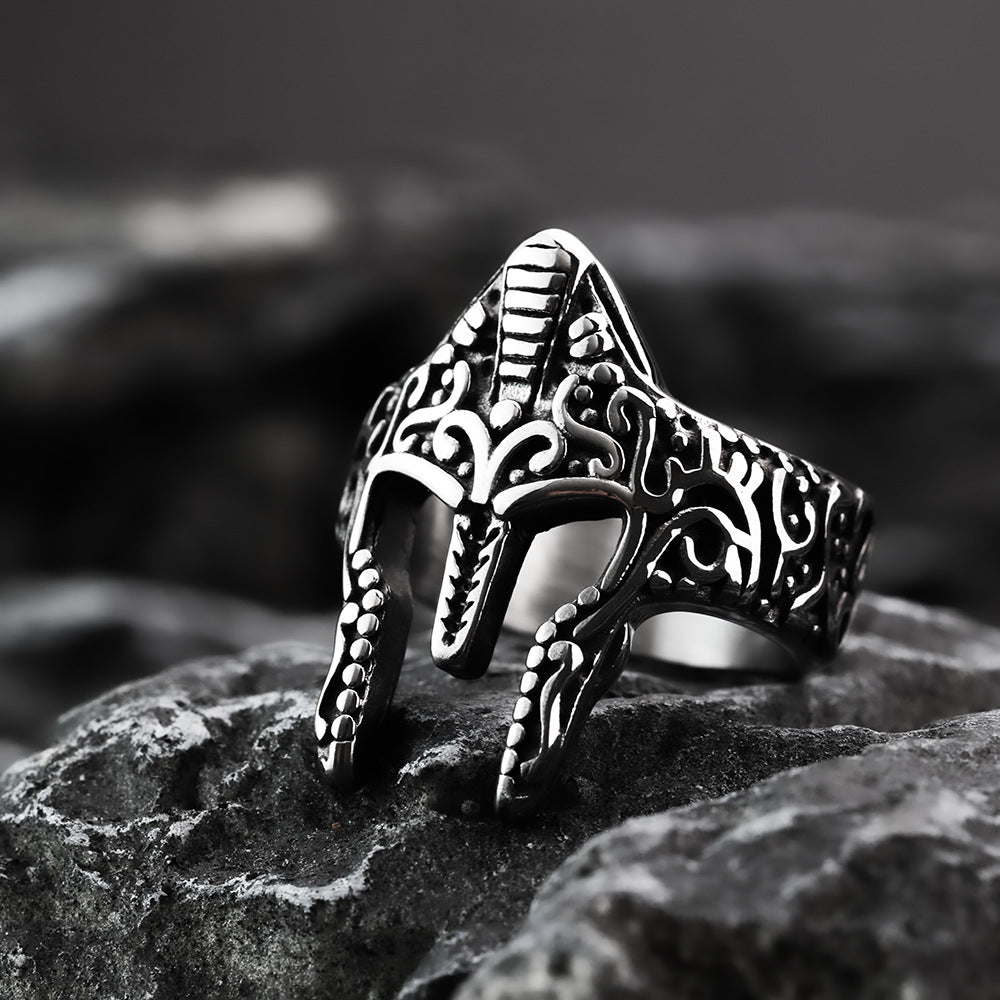 European And American Retro Stainless Steel Men's Ring Spartan Warrior Helmet Mask Ring