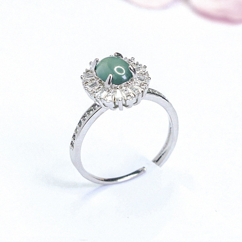 Blue-Water Jadeite Zircon Halo Ring
