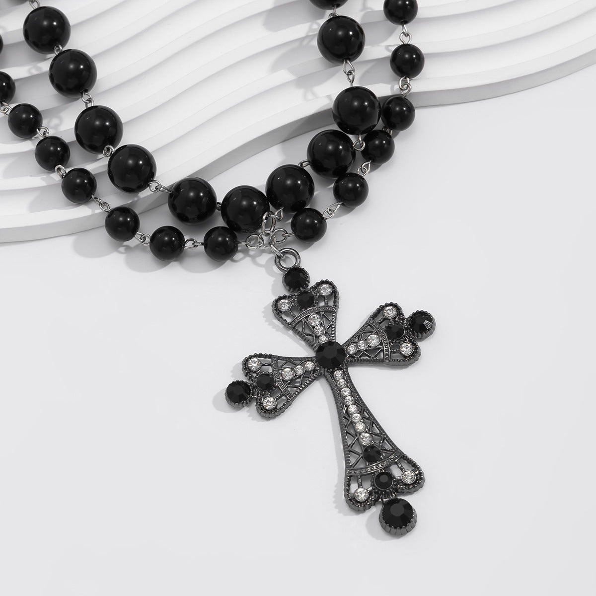 Cyber Cross & Bead Layered Necklace