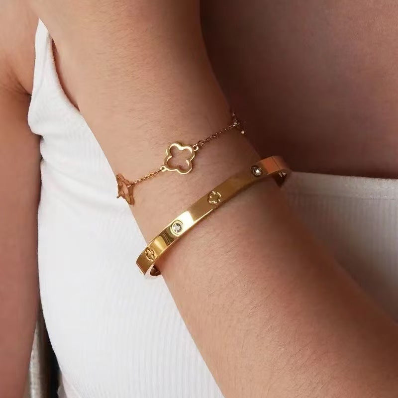 Planderful Jewelry Rose Gold Zircon Four Leaf Clover Bracelet Stainless Steel Open Bangle