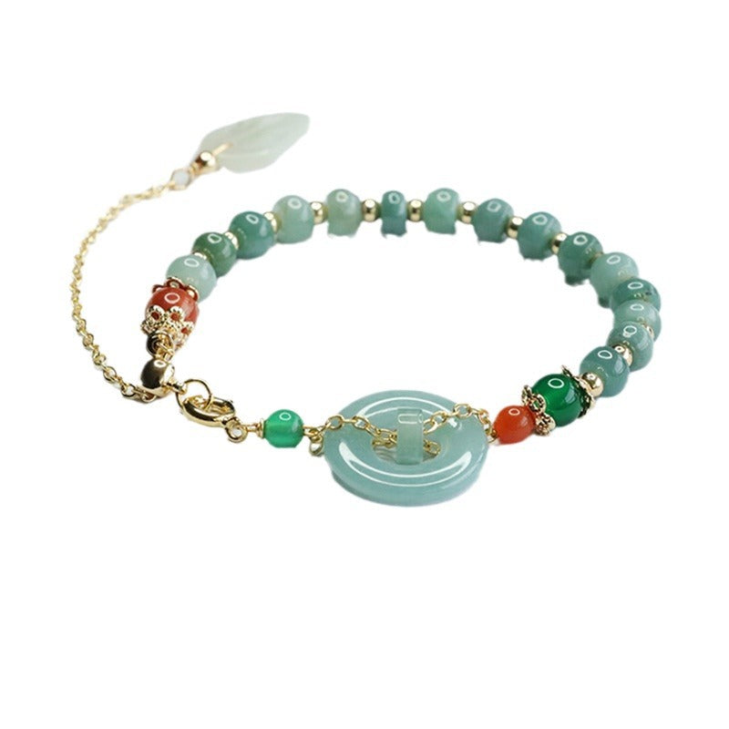 Blue Water Jadeite Leaf & Peace Ring Bracelet