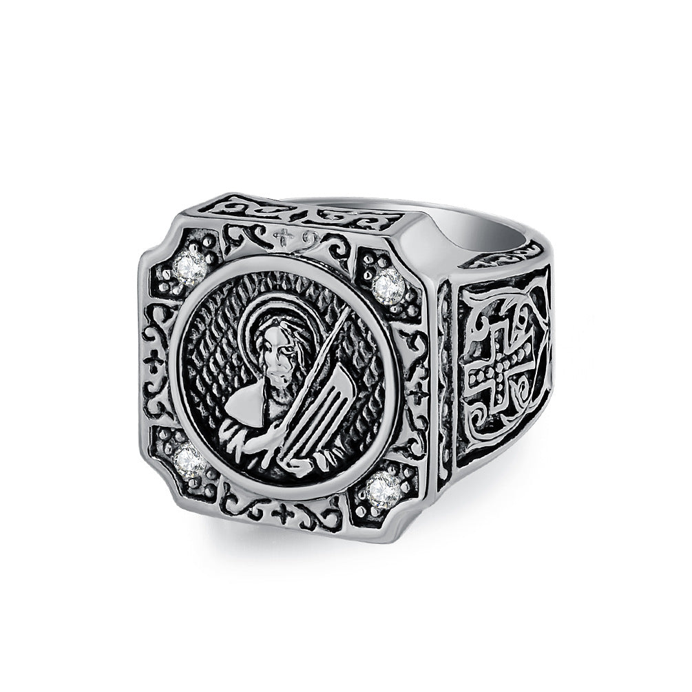 Planderful Cross Portrait Ring For Men Bold Steel Hip Hop Punk Style Durable Everyday Jewelry