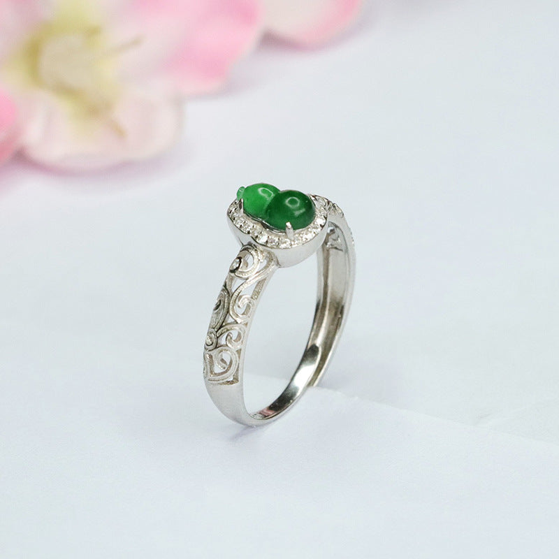 Icy Green Jadeite Gourd 925 Silver Adjustable Ring