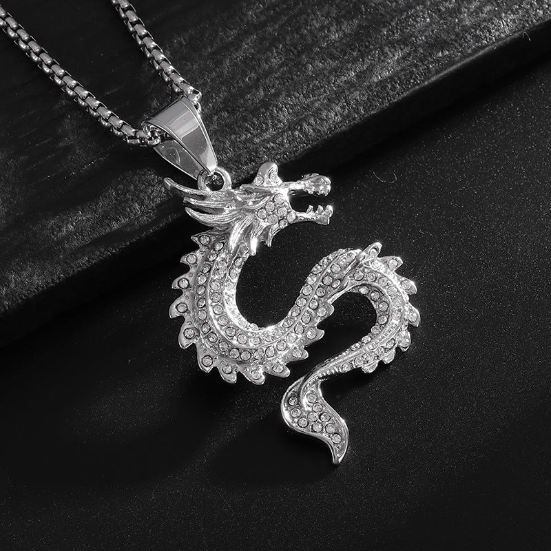 Dragon Zodiac Pendant Necklace Titanium Steel Gold Plated Zircon by Planderful Everyday Genie for Hip Hop Fans