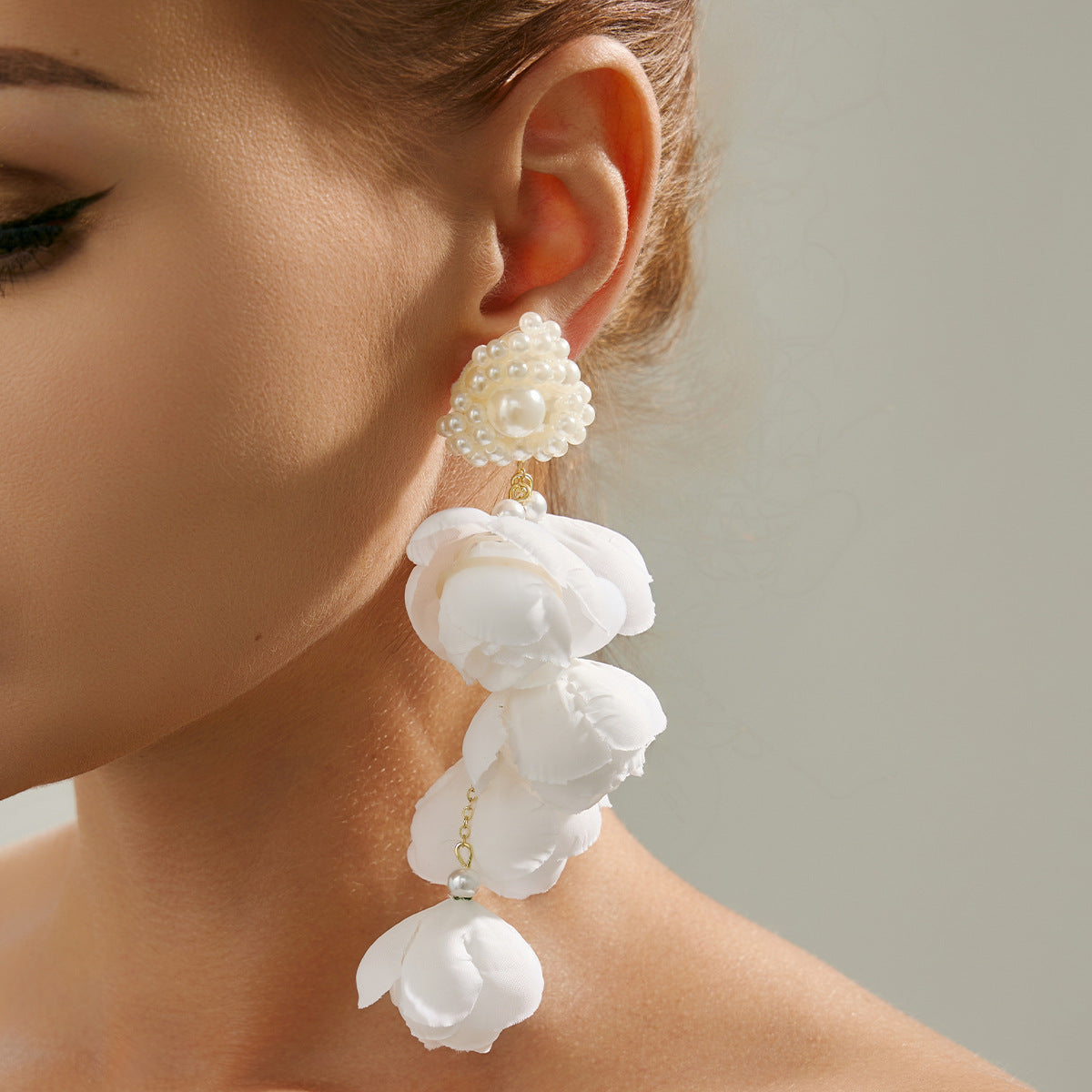 Planderful Vienna Verve Three Dimensional Rose Pearl Earrings For Women Fringed Beaded Fabric Jewelry