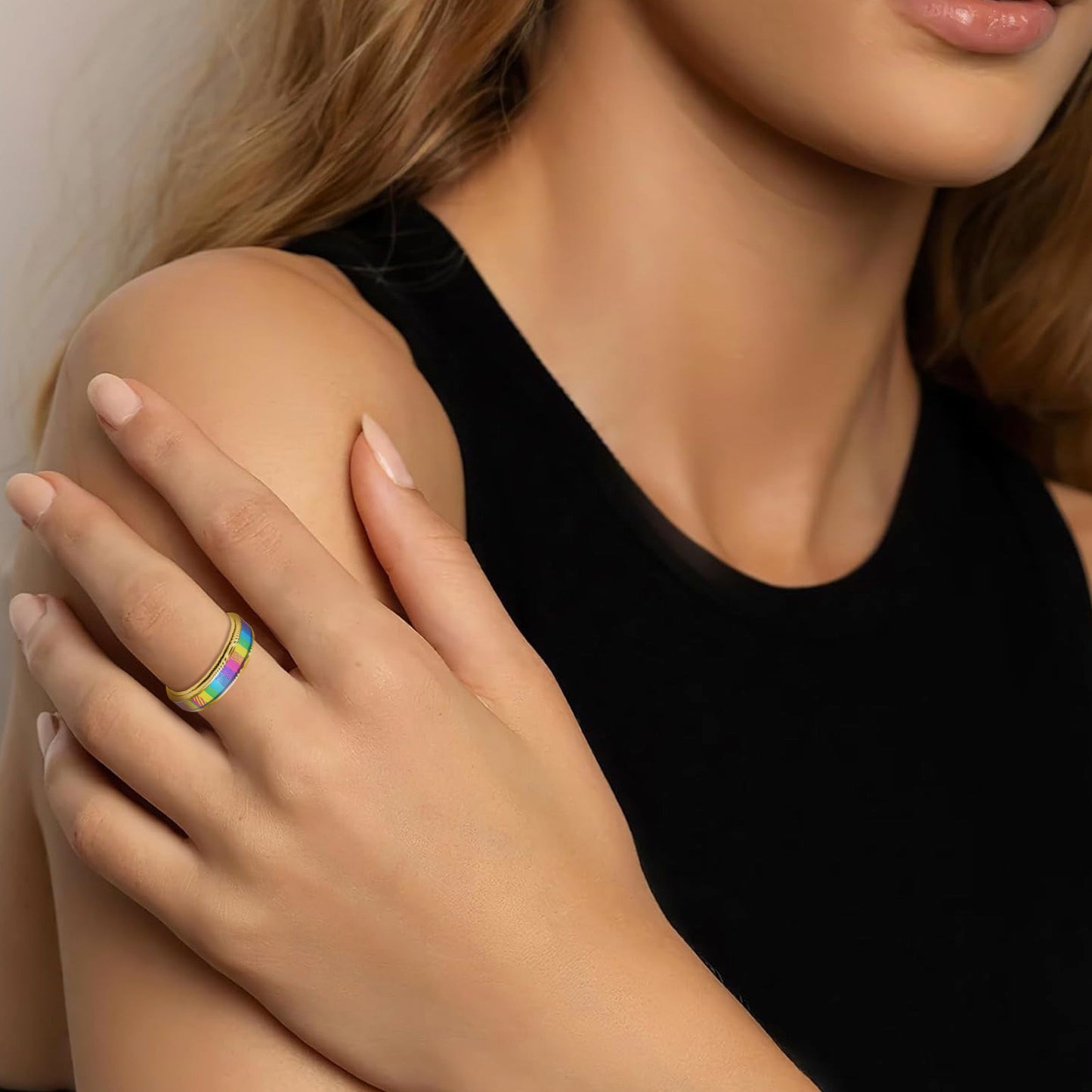 Planderful Rainbow Titanium Ring Rotating Decompression Jewelry For Unisex Wellness