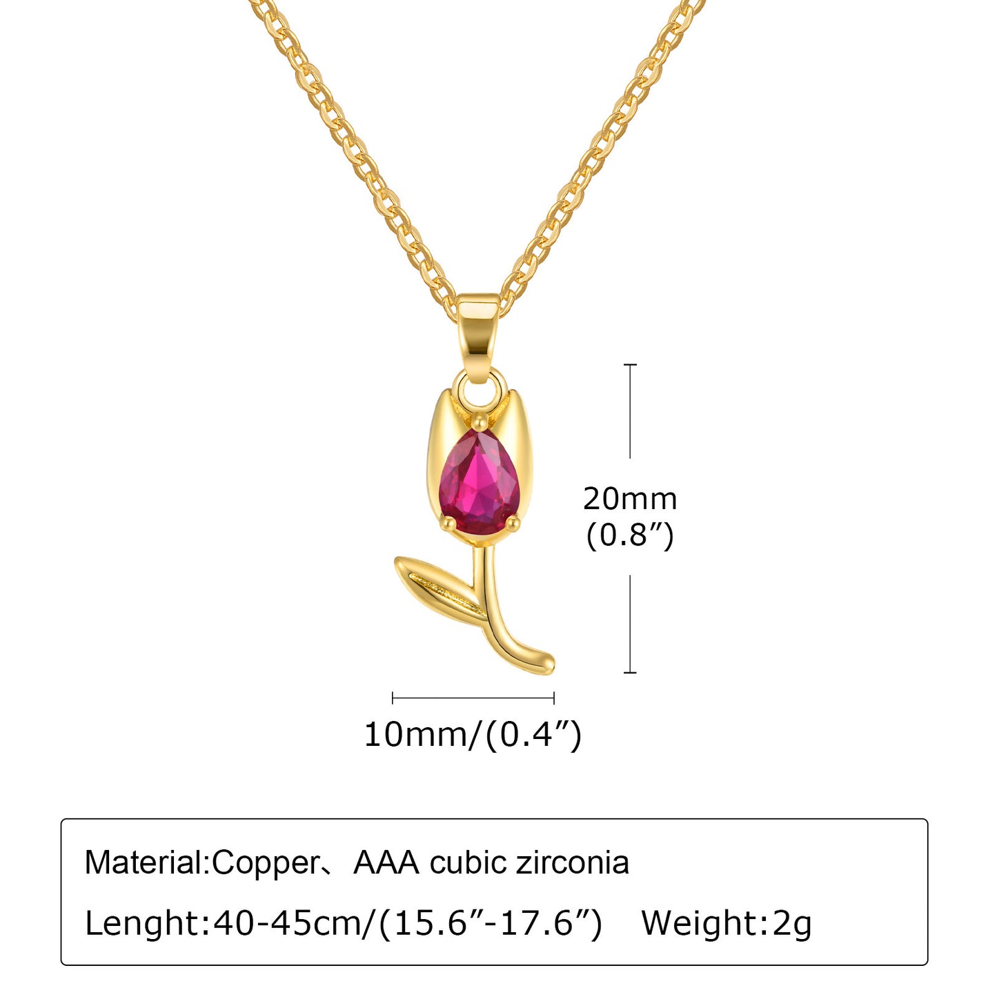 Red Water Drop Zircon Tulip Pendant Necklace for Ladies Copper