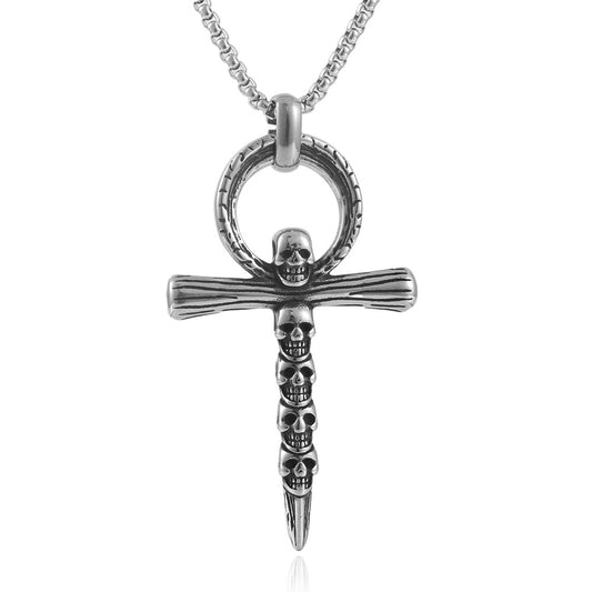 Stainless Steel Skull Pendant Necklace for Men - Trendy Retro Punk Style Cross Pendant