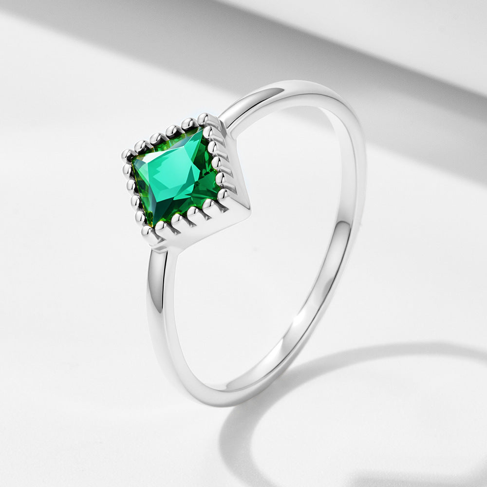 Geometric Square Emerald Zircon Sterling Silver Ring