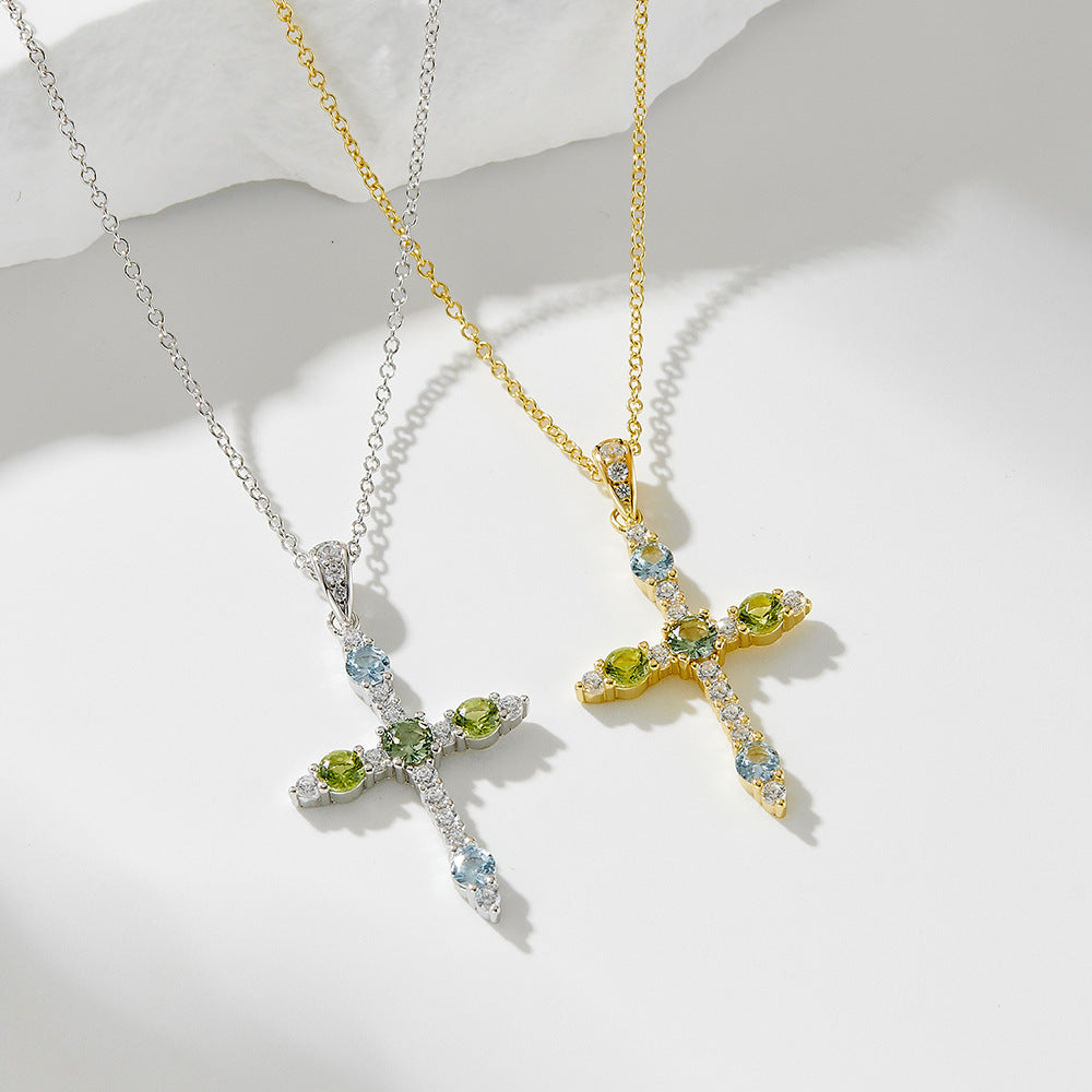 S925 Sterling Silver Zircon Inlaid Colored Cross Pendant Necklace