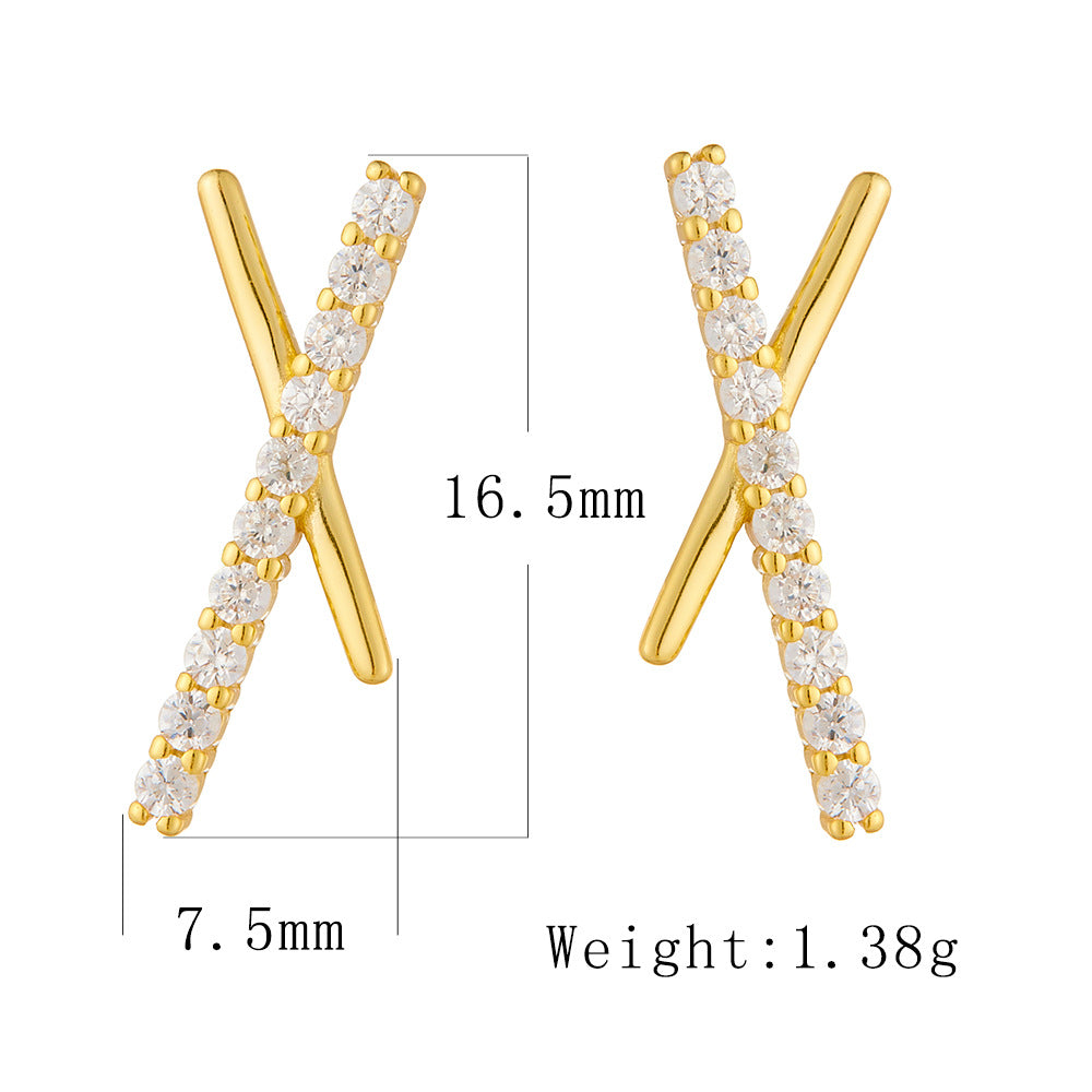 S925 Sterling Silver Geometric Cross Letter X Zircon Stud Earrings
