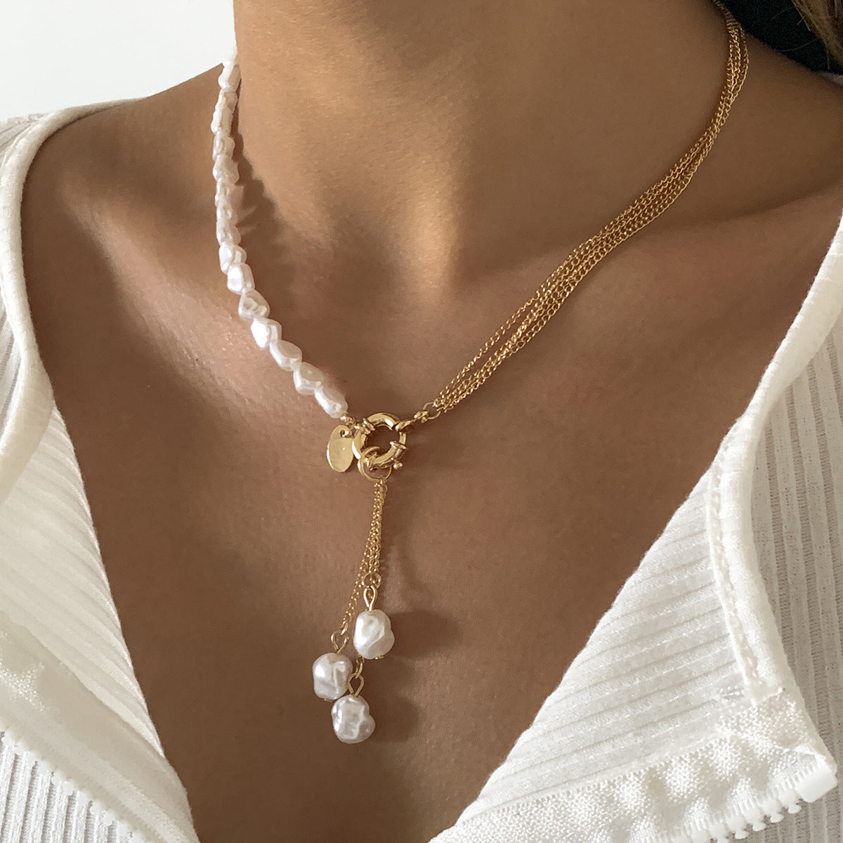 Planderful Vienna Verve Asymmetrical Pearl Fringe Necklace For Bold Punk Style Women