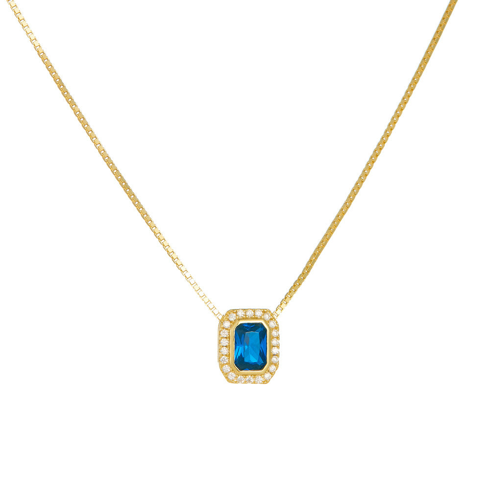 Planderful S925 Sterling Silver Necklace With Blue Zircon Square Pendant For Women Elegant Light Luxury Collarbone Chain