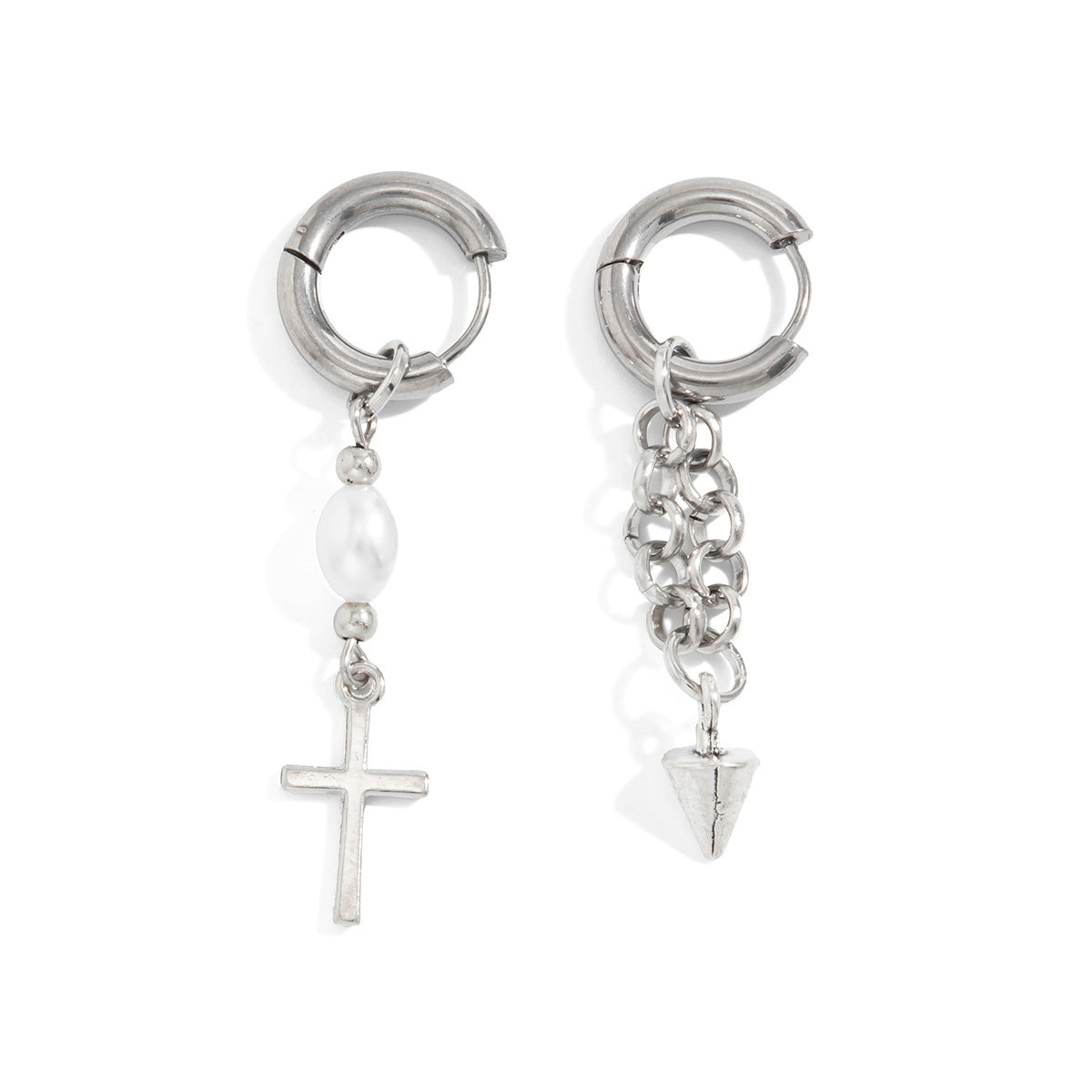 Planderful Pearl Fringed Earrings With Chain Rivet Cross Accent For Fashion Forward Women Statement Ear Jewelry