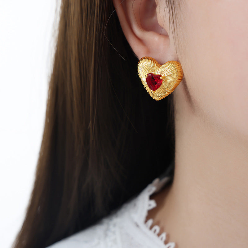 Textured Heart-Shaped Zircon Stud Earrings with French Flair