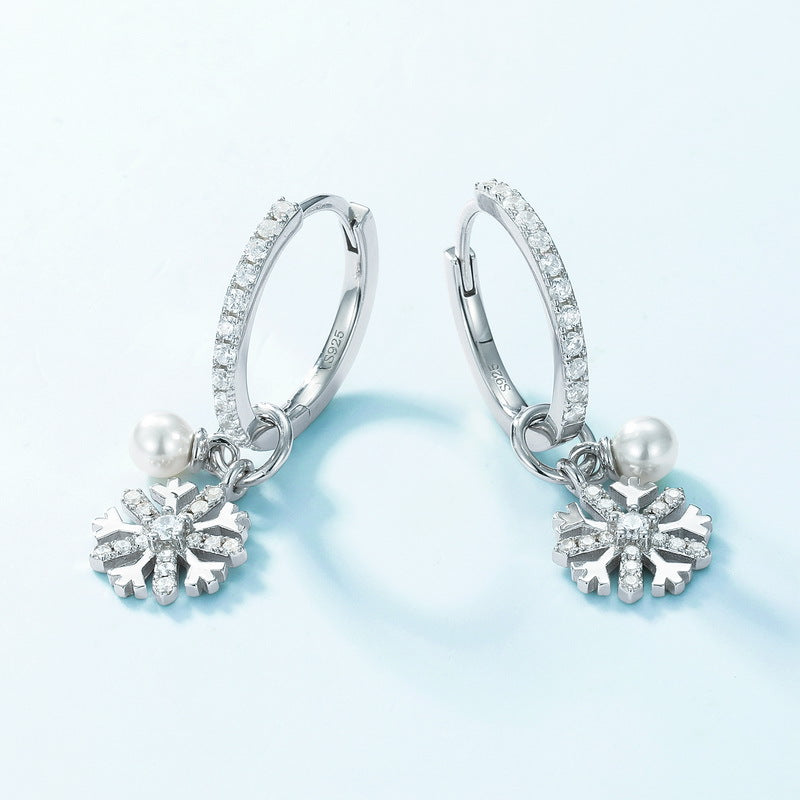 Round Pearl and Snowflake Pendnat Zircon Sterling Silver Hoop Earrings