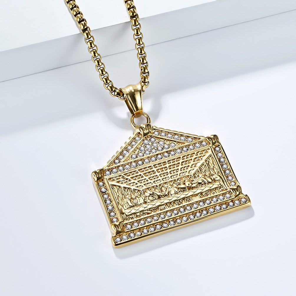 Planderful Bold Hip Hop Necklace Last Supper Pendant Titanium Steel 18K Gold Plated Zircon For Men
