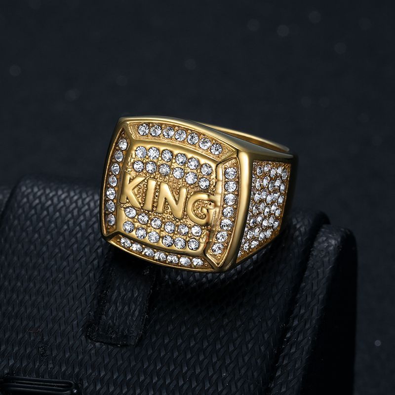 Planderful Everyday Genie Hip Hop Ring Titanium Steel Gold Plated Rhinestone King Mens Ring