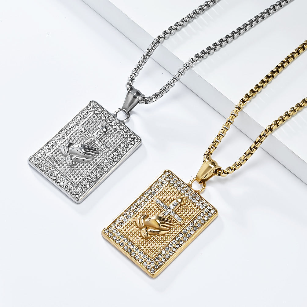 Planderful Zircon Inlaid Prayer Hand Cross Necklace For Hip Hop Fans Urban Style Premium Edition