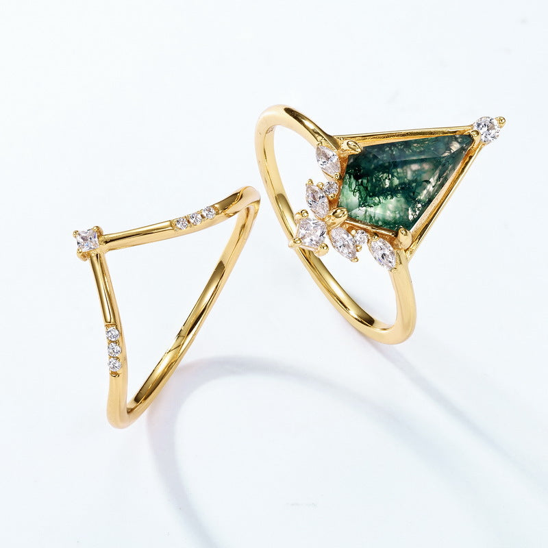 S925 Sterling Silver Moss Agate Geometric Ring