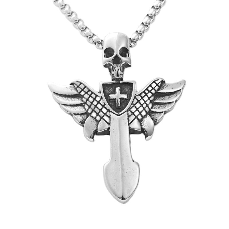 Planderful Durable Titanium Skull Pendant Necklace For Men Unisex Punk Wing Cross Protector