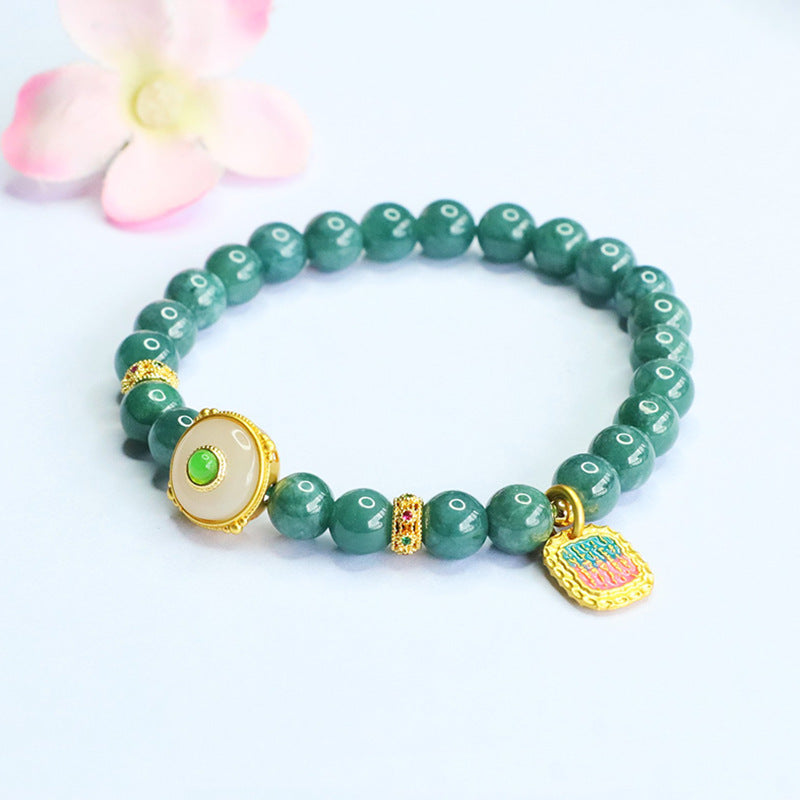 Blue Water Jadeite Script-Accent Beaded Bracelet